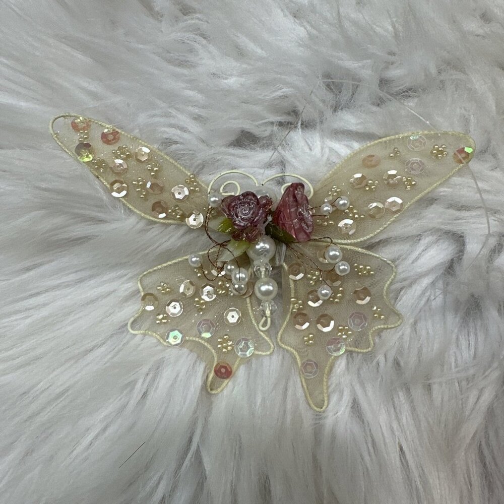 Vintage Delicate Ornate Cottage Jeweled Butterfly Christmas Ornament